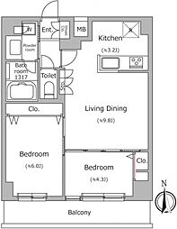 ドゥーエ南千住 5階2LDKの間取り
