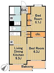 多摩都市モノレール 程久保駅 徒歩13分の賃貸マンション 3階2LDKの間取り