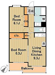 多摩都市モノレール 程久保駅 徒歩13分の賃貸マンション 3階2LDKの間取り