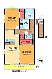 オアシス　パティオ 2階2LDKの間取り