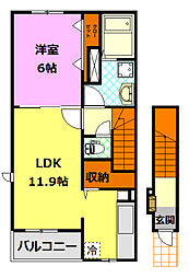 JR水戸線 下館駅 徒歩17分の賃貸アパート 2階1LDKの間取り