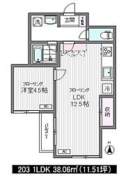 コートIIトリイ 2階1LDKの間取り