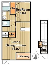 グレイスカルム 2階1LDKの間取り