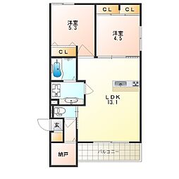 JR片町線(学研都市線) 野崎駅 徒歩4分の賃貸アパート 1階2LDKの間取り