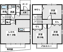 南海高野線 金剛駅 徒歩15分の賃貸テラスハウス 3LDKの間取り