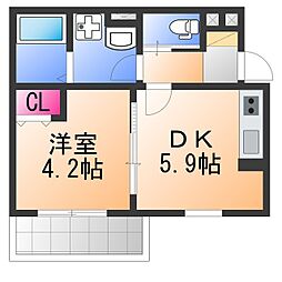 ヴェルメゾン松原東新町 1DKの間取図画像