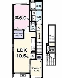 JR阪和線 久米田駅 徒歩14分の賃貸アパート 2階1LDKの間取り