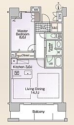 ロイヤルパークス新田 9階1LDKの間取り