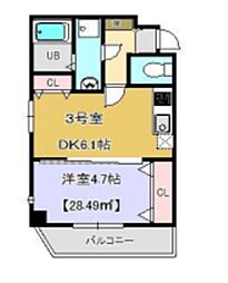 プランドール千葉 3階1DKの間取り
