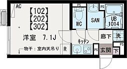 イクシオ川崎Ｗｅｓｔ Ｓｉｄｅ 3階1Kの間取り