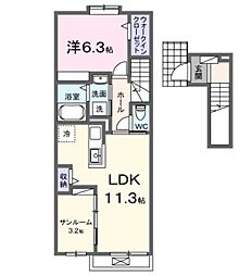 モカ　シャンティー 2階1LDKの間取り