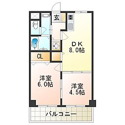 オークコート殿辻 2DKの間取図画像