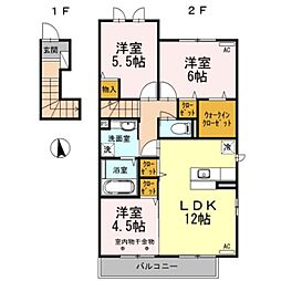 ルミエール ド エスポワール II 2階3LDKの間取り