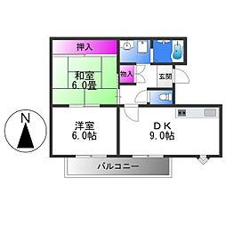 プレアール南亀井II 3階2DKの間取り