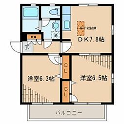 クレスト桜川B 1階2DKの間取り