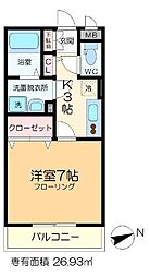 グランフィールドIII 2階1Kの間取り