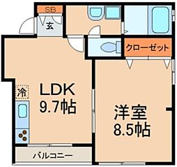 サンライズヤマト 2階1LDKの間取り