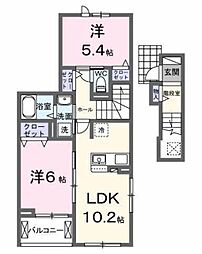 仮六高台5丁目アパートI 2階2LDKの間取り