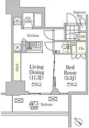 メゾンカルム日本橋馬喰町 13階1LDKの間取り