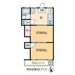 第2倉沢コーポ 2階2Kの間取り
