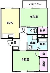 オオスミハイツIIB 2階2DKの間取り