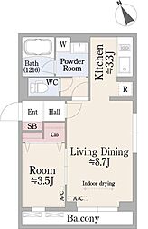 スクエア市谷河田町ヒルサイド 3階1LDKの間取り