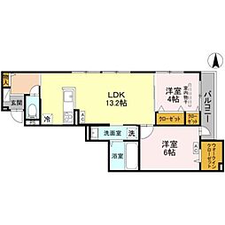 近鉄奈良線 瓢箪山駅 徒歩9分の賃貸アパート 3階2LDKの間取り