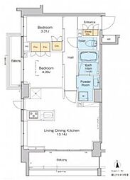 プラウドフラット中野 2階2LDKの間取り