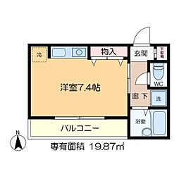 ピュアハウスS1 2階ワンルームの間取り