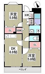 メゾン・ラフィーネII 2階2DKの間取り