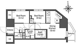 コンフォリア・リヴ木場 6階2DKの間取り