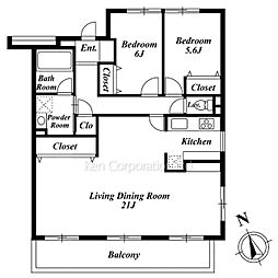 駒場レジデンス 3階2LDKの間取り