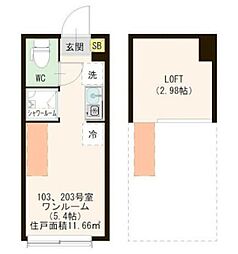 ハーモニーテラス・リベルタテム東長崎 2階ワンルームの間取り