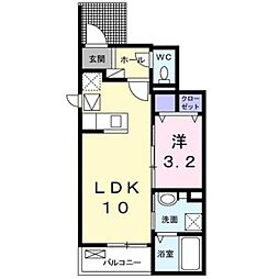 サウスウィンド 1階1LDKの間取り