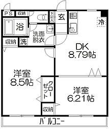 ユーロイヤルA棟 2DKの間取図画像