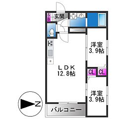東大阪市下六万寺町3丁目アパート 2LDKの間取図画像