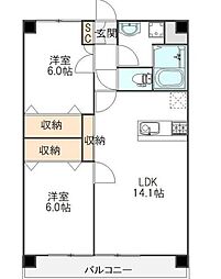 グランドール東綾瀬 3階2LDKの間取り