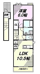 JR青梅線 福生駅 徒歩7分の賃貸アパート 2階1LDKの間取り