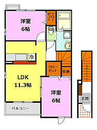 JR水戸線 結城駅 徒歩16分の賃貸アパート 2階2LDKの間取り