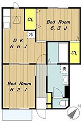スクエアハウスIII 1階2DKの間取り