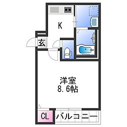 フジパレス田中町 3階1Kの間取り