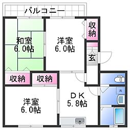 セジュール山口1 2階3DKの間取り