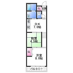 ヤマイチPLAZA吉田II 4階2DKの間取り