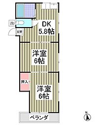 Mハイツ 2階2DKの間取り