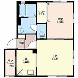 カーサフェリーチェB 1LDKの間取図画像