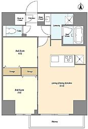 クラリティア西日暮里 13階2LDKの間取り