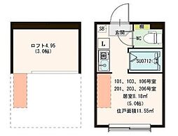 ハーモニーテラス栄町IV 1階ワンルームの間取り