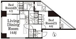 パークキューブ春日安藤坂 14階2LDKの間取り