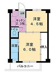 ビレッジハウス月吉2号棟 2Kの間取図画像