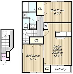 グランツ壱番館 2階2LDKの間取り
